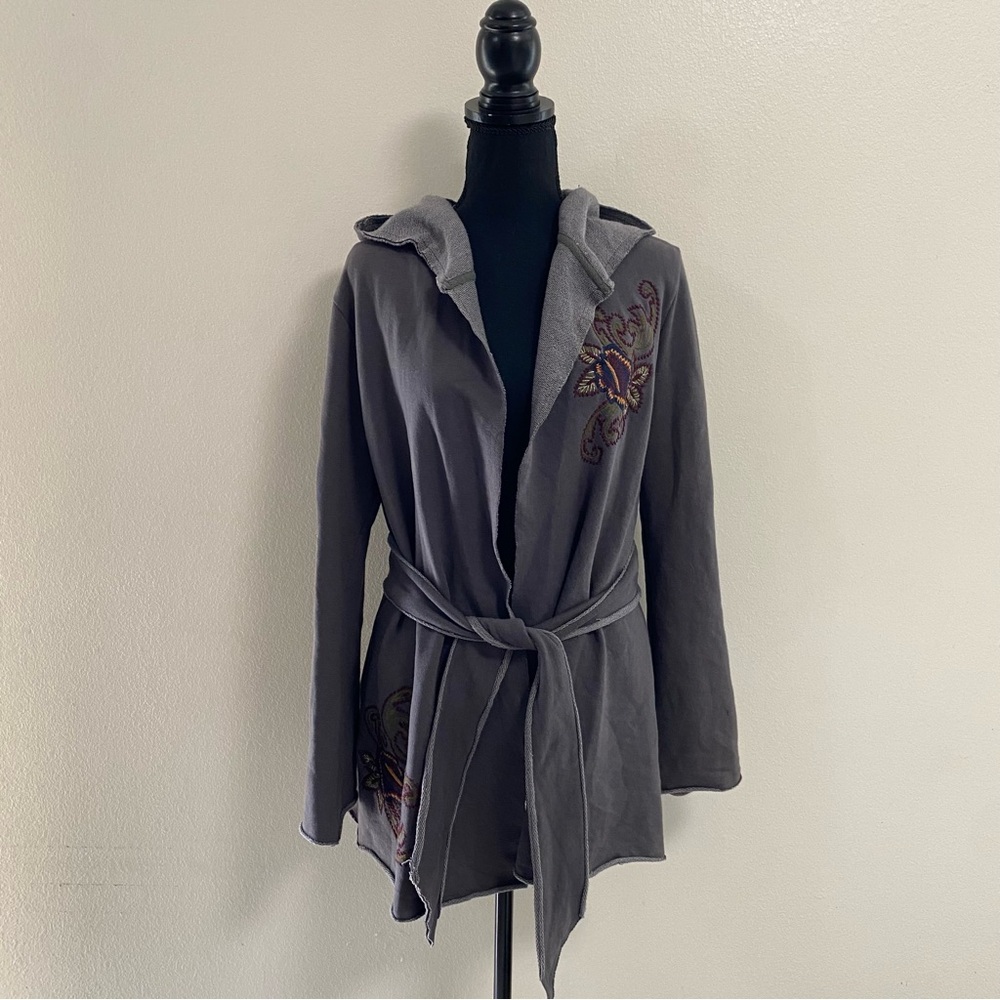 Caite cardigan Women’s Size medium Gray Embroidered Hooded Cardigan waist tie